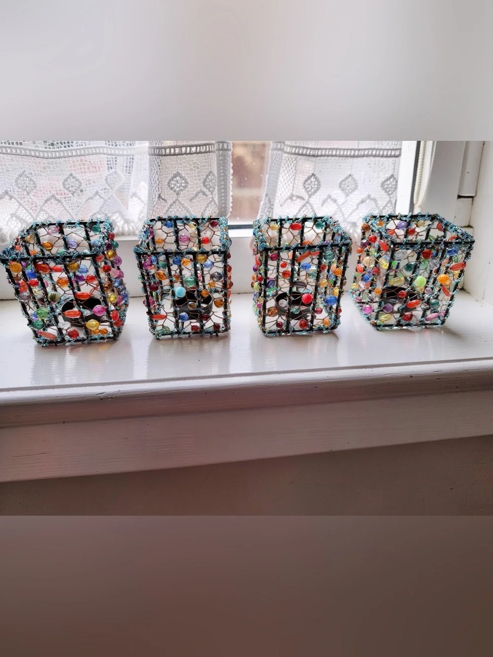 Bohemian EUC Set of 4 Handmade Multicolor Glass Beaded Candle Holders